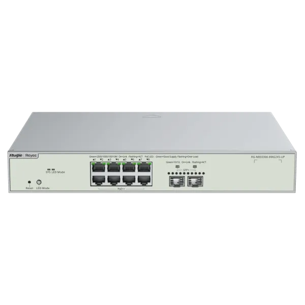 Комутатор 8 портів керований RG-NBS5300-8MG2XS-UP для мережевих рішень з PoE, VLAN та високою комутаційною здатністю 80 Гбіт/с Комутатор 8 портів керований RG-NBS5300-8MG2XS-UP для мережевих рішень з PoE, VLAN та високою комутаційною здатністю 80 Гбіт/с