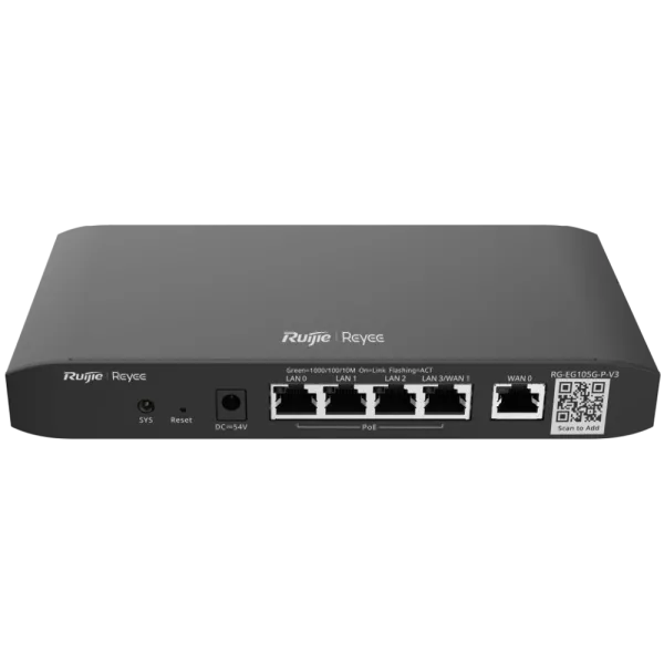 Маршрутизатор Ruijie Reyee RG-EG105G-P-V3 с 4 портами Downlink и PoE для интеллектуальных сетей и управления потоком Маршрутизатор Ruijie Reyee RG-EG105G-P-V3 с 4 портами Downlink и PoE для интеллектуальных сетей и управления потоком