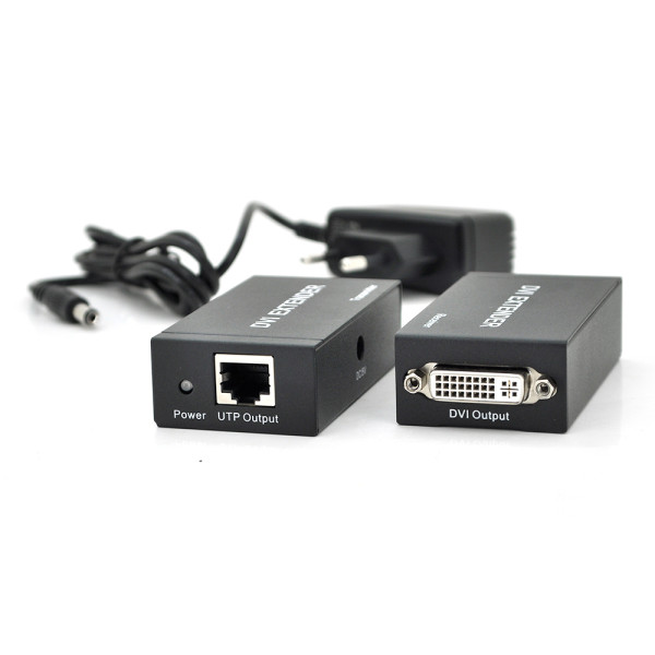 Активний подовжувач DVI 60m по кручений парі через RJ-45 для високоякісної відеопередачі чорного кольору в упаковці BOX Активний подовжувач DVI 60m по кручений парі через RJ-45 для високоякісної відеопередачі чорного кольору в упаковці BOX