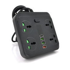Сетевой фильтр TB-Т18 для дома, 4 розетки + 2 USB + PD, кабель 2 м, мощность 3000W, черный, защита от перегрева и замыканий