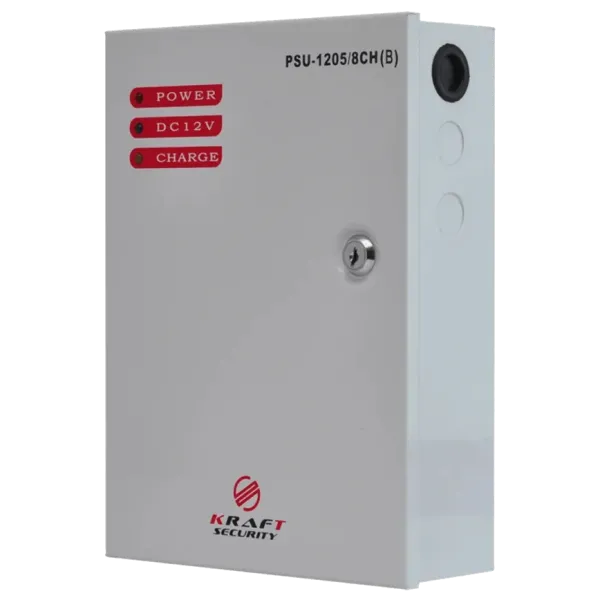 Джерело безперебійного живлення Kraft PSU-1205LED(B) для відеоспостереження 12В 5А з місцем під АКБ 18А·год у металевому боксі Джерело безперебійного живлення Kraft PSU-1205LED(B) для відеоспостереження 12В 5А з місцем під АКБ 18А·год у металевому боксі