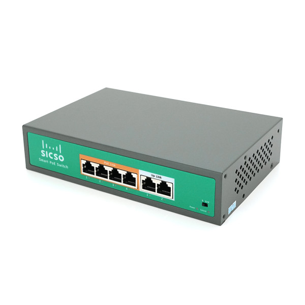 Коммутатор POE SICSO 48V с 4 портами POE 100Мбит + 2 порта Ethernet (UP-Link) 100Мбит, с усилением сигнала до 250м, корпус-металл, Silver, БП встроенный, Q30 Коммутатор POE SICSO 48V с 4 портами POE 100Мбит + 2 порта Ethernet (UP-Link) 100Мбит, с усилением сигнала до 250м, корпус-металл, Silver, БП встроенный, Q30