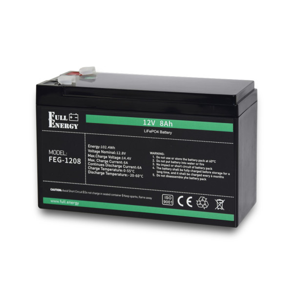 Акумулятор LiFePO4 12В 8А·год Full Energy FEG-128 для безперебійних блоків живлення та охоронної сигналізації Акумулятор LiFePO4 12В 8А·год Full Energy FEG-128 для безперебійних блоків живлення та охоронної сигналізації
