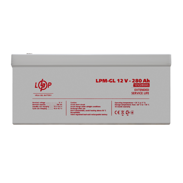 Гелевый аккумулятор 12V 280 Ah LPM-GL для солнечных станций и систем бесперебойного питания, высокие циклы зарядки и долговечность, идеален для экстремальных температур