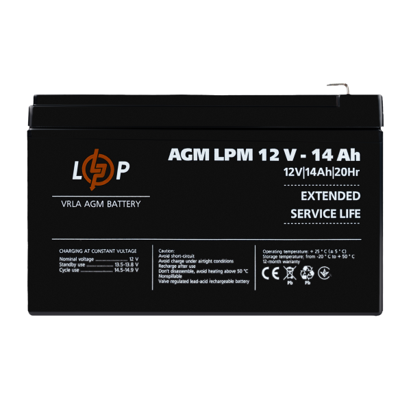 Акумулятор AGM LPM 12V - 14 Ah для систем безперебійного живлення, відеоспостереження та охоронних сигналізацій Акумулятор AGM LPM 12V - 14 Ah для систем безперебійного живлення, відеоспостереження та охоронних сигналізацій