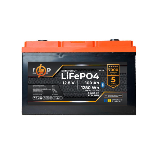 Акумулятор LP LiFePO4 12,8V - 100 Ah (1280Wh) (BMS 100A/50А) пластик LCD USB Smart BT Акумулятор LP LiFePO4 12,8V - 100 Ah (1280Wh) (BMS 100A/50А) пластик LCD USB Smart BT