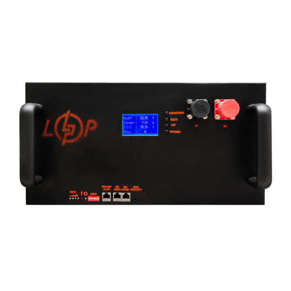 Акумулятор LP LiFePO4 51,2V - 100 Ah (5120Wh) (BMS 200A/100А) з LCD метал Smart RM RS485/CAN Акумулятор LP LiFePO4 51,2V - 100 Ah (5120Wh) (BMS 200A/100А) з LCD метал Smart RM RS485/CAN