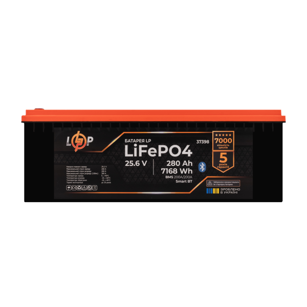 Акумулятор LiFePO4 25,6V 280 Ah (7168Wh) з BMS 200A, LCD Smart BT для систем резервного живлення та дбайливого використання енергії