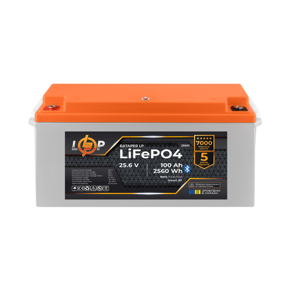 Акумулятор LiFePO4 25,6V 100 Ah (2560Wh) для резервного живлення з BMS 100A/50A, Bluetooth і двошаровим захистом, підходить для електротехніки та сонячних станцій Акумулятор LiFePO4 25,6V 100 Ah (2560Wh) для резервного живлення з BMS 100A/50A, Bluetooth і двошаровим захистом, підходить для електротехніки та сонячних станцій