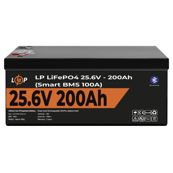 Акумулятор LP LiFePO4 24V (25,6V) - 200 Ah (5120Wh) (Smart BMS 100А) з BT пластик Акумулятор LP LiFePO4 24V (25,6V) - 200 Ah (5120Wh) (Smart BMS 100А) з BT пластик