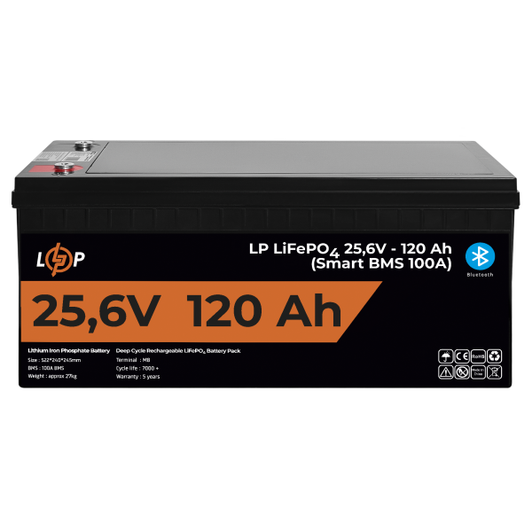 Акумулятор LP LiFePO4 25,6V - 120 Ah (3072Wh) (Smart BMS 100А) з BT пластик для ДБЖ Акумулятор LP LiFePO4 25,6V - 120 Ah (3072Wh) (Smart BMS 100А) з BT пластик для ДБЖ