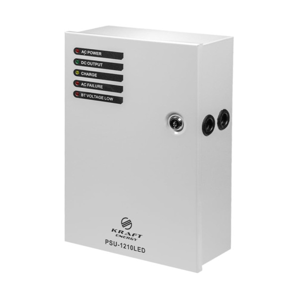 Блок питания Kraft PSU-1210LED для контроля и защиты оборудования 12 В 10 A с LED-индикацией и местом под аккумулятор 18 Ач Блок питания Kraft PSU-1210LED для контроля и защиты оборудования 12 В 10 A с LED-индикацией и местом под аккумулятор 18 Ач