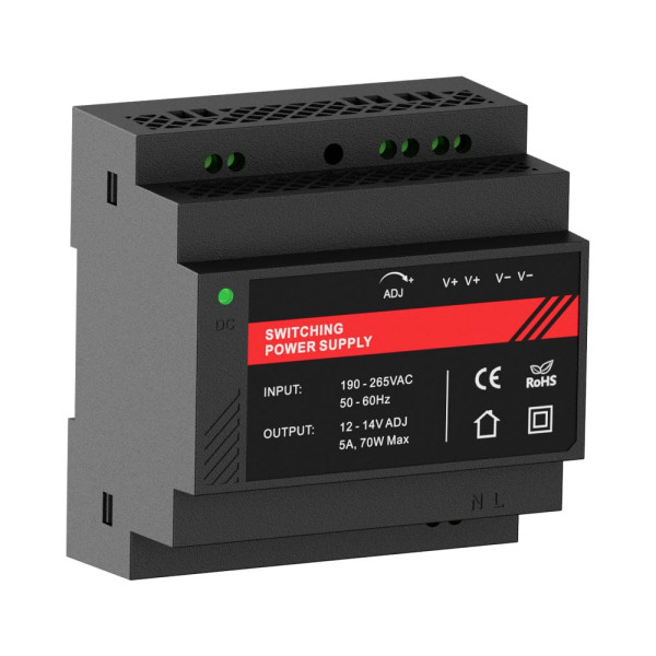 Джерело безперебійного живлення Kraft PSU-1205DIN(P) для відеоспостереження на DIN-рейку, 12В, 5А, 70Вт, імпульсний з LED-індикацією, пластиковий корпус Джерело безперебійного живлення Kraft PSU-1205DIN(P) для відеоспостереження на DIN-рейку, 12В, 5А, 70Вт, імпульсний з LED-індикацією, пластиковий корпус