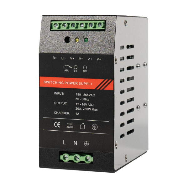 Джерело безперебійного живлення PSU-1220DIN для системи безпеки з кріпленням на DIN-рейку, вихідна напруга 12 В, 20 A, 280 Вт, металевий корпус Джерело безперебійного живлення PSU-1220DIN для системи безпеки з кріпленням на DIN-рейку, вихідна напруга 12 В, 20 A, 280 Вт, металевий корпус