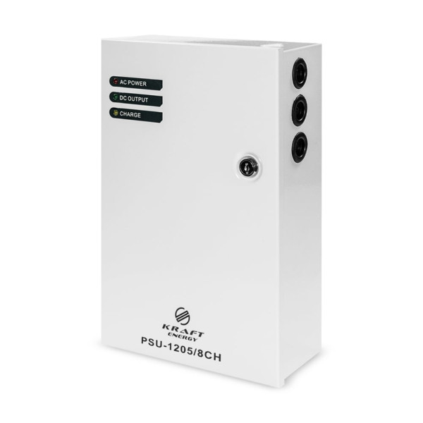 Блок безперебійного живлення Kraft PSU-1205/8CH для відеоспостереження з 8 каналами навантаження і LED-індикацією, 12 В, 5 А, металевий бокс, розмір 195 x 265 x 75 мм Блок безперебійного живлення Kraft PSU-1205/8CH для відеоспостереження з 8 каналами навантаження і LED-індикацією, 12 В, 5 А, металевий бокс, розмір 195 x 265 x 75 мм