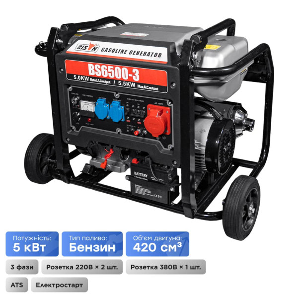 Генератор бензиновий трифазний 5 кВт Bison BS6500-3 для резервного живлення з електричним стартером, автоматичним введенням резерву та транспортними колесами Генератор бензиновий трифазний 5 кВт Bison BS6500-3 для резервного живлення з електричним стартером, автоматичним введенням резерву та транспортними колесами
