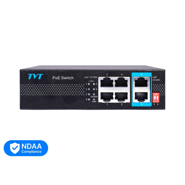 PoE-коммутатор 6-портовый TVT TD-B2204S1-PEU с 4 PoE портами для видеонаблюдения, поддержка VLAN, дальность питания до 250 м, мощность 60 Вт PoE-коммутатор 6-портовый TVT TD-B2204S1-PEU с 4 PoE портами для видеонаблюдения, поддержка VLAN, дальность питания до 250 м, мощность 60 Вт