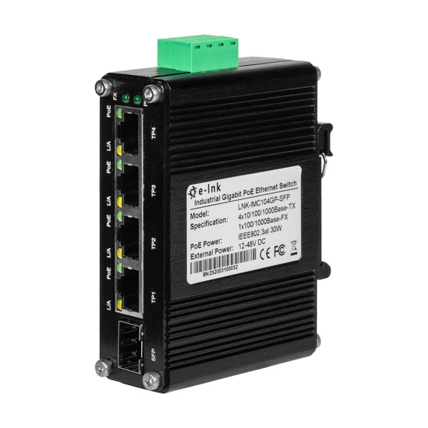 PoE-комутатор 5-портовий для відеоспостереження E-LINK LNK-IMC104GP-SFP IN 12-48V з живленням до 120 Вт та захистом від блискавки PoE-комутатор 5-портовий для відеоспостереження E-LINK LNK-IMC104GP-SFP IN 12-48V з живленням до 120 Вт та захистом від блискавки