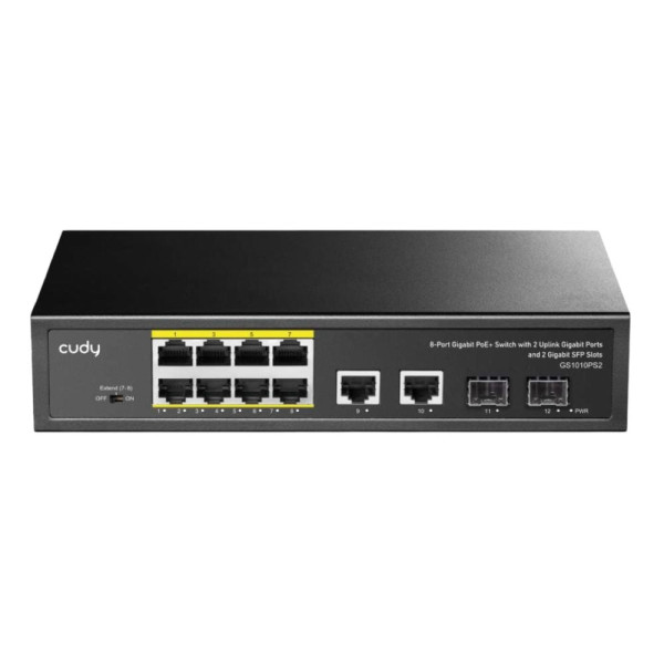 PoE-комутатор 12-портовий GS1010PS2 гігабітний з 8 портами PoE+ 120W для відеоспостереження з підтримкою режиму Extend до 250 м PoE-комутатор 12-портовий GS1010PS2 гігабітний з 8 портами PoE+ 120W для відеоспостереження з підтримкою режиму Extend до 250 м