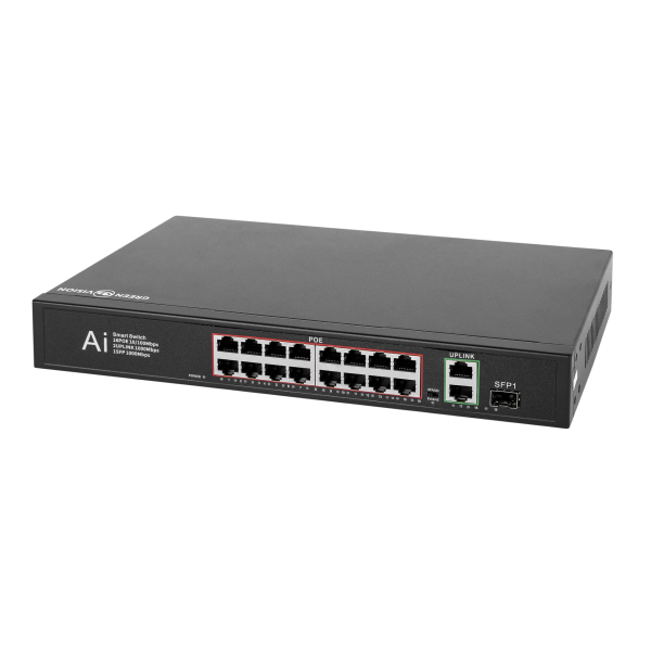 Комутатор мережевий POE GV-010-D-16+2 PG+1 SFP 16 портів для підключення камер відеоспостереження з підтримкою POE, швидкість до 100 Мбіт, металевий корпус Комутатор мережевий POE GV-010-D-16+2 PG+1 SFP 16 портів для підключення камер відеоспостереження з підтримкою POE, швидкість до 100 Мбіт, металевий корпус