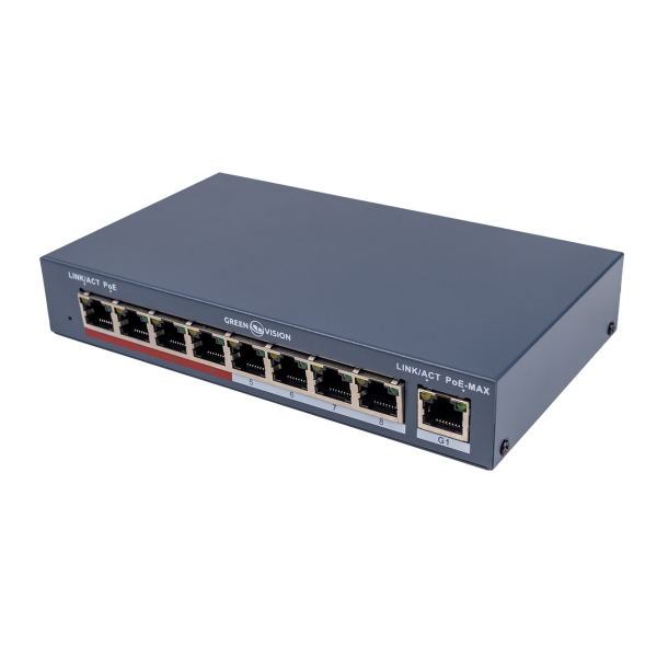 Комутатор мережевий POE GV-018-AI-8+1PG для відеоспостереження з 8 портами 10/100 Mbit та підтримкою живлення на відстані 250 метрів Комутатор мережевий POE GV-018-AI-8+1PG для відеоспостереження з 8 портами 10/100 Mbit та підтримкою живлення на відстані 250 метрів