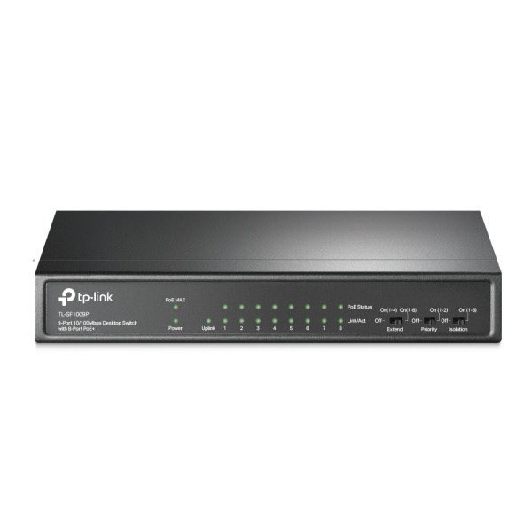 PoE-комутатор TP-Link TL-SF1009P 9-портів, 8 портів PoE+, 65W, некерований, 250 м PoE-комутатор TP-Link TL-SF1009P 9-портів, 8 портів PoE+, 65W, некерований, 250 м