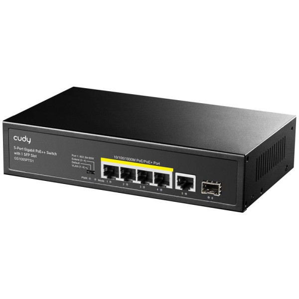 PoE-комутатор 6-портовий некерований Cudy GS1005PTS1 для підключення IP камер з 4 портами PoE+ та SFP-портом, гігабітний, 120W, підтримка VLAN та Extend PoE-комутатор 6-портовий некерований Cudy GS1005PTS1 для підключення IP камер з 4 портами PoE+ та SFP-портом, гігабітний, 120W, підтримка VLAN та Extend