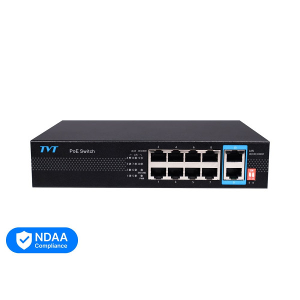 PoE-комутатор 10-портовий з 8 портами PoE TVT TD-B2208S1-PGU для відеоспостереження з підтримкою VLAN та режиму дальньої дії до 250 м PoE-комутатор 10-портовий з 8 портами PoE TVT TD-B2208S1-PGU для відеоспостереження з підтримкою VLAN та режиму дальньої дії до 250 м
