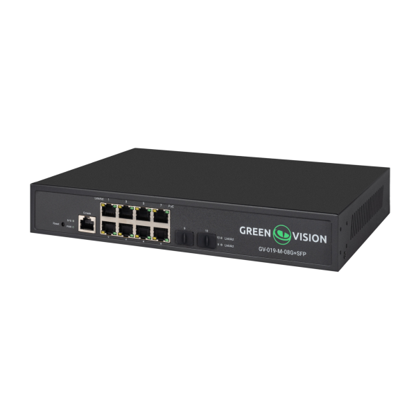 Комутатор мережевий POE GV-019-M-08G+SFP для управління мережею з підтримкою PoE та оптичним підключенням Комутатор мережевий POE GV-019-M-08G+SFP для управління мережею з підтримкою PoE та оптичним підключенням