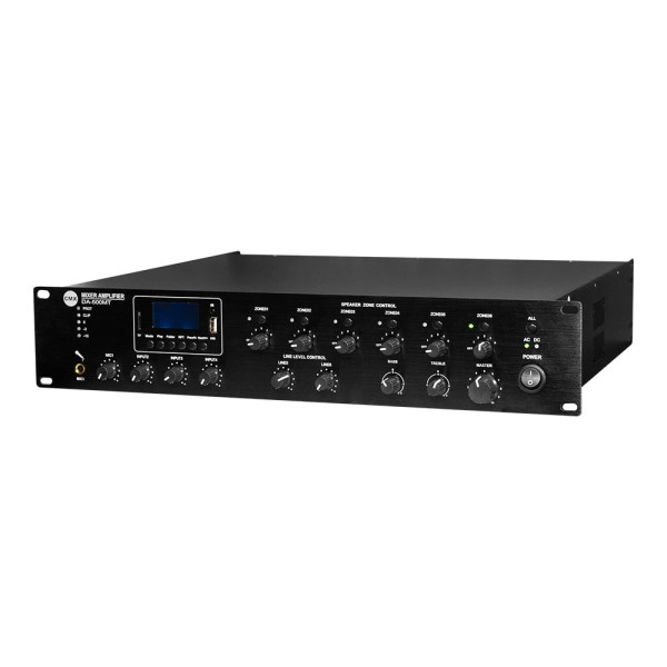 Мікшуючий підсилювач 6-зонний DA-500MT 500 Вт з USB, SD, Mp3, FM для аудіосистеми, 4 мікрофонні та 3 Aux входи, вихід 70 В / 100 В / 4-16 Ом, 19 дюймів Мікшуючий підсилювач 6-зонний DA-500MT 500 Вт з USB, SD, Mp3, FM для аудіосистеми, 4 мікрофонні та 3 Aux входи, вихід 70 В / 100 В / 4-16 Ом, 19 дюймів