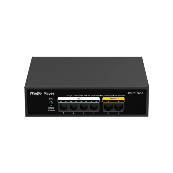 Некерований PoE-комутатор Ruijie RG-ES106F-P з 4 портами PoE Некерований PoE-комутатор Ruijie RG-ES106F-P з 4 портами PoE