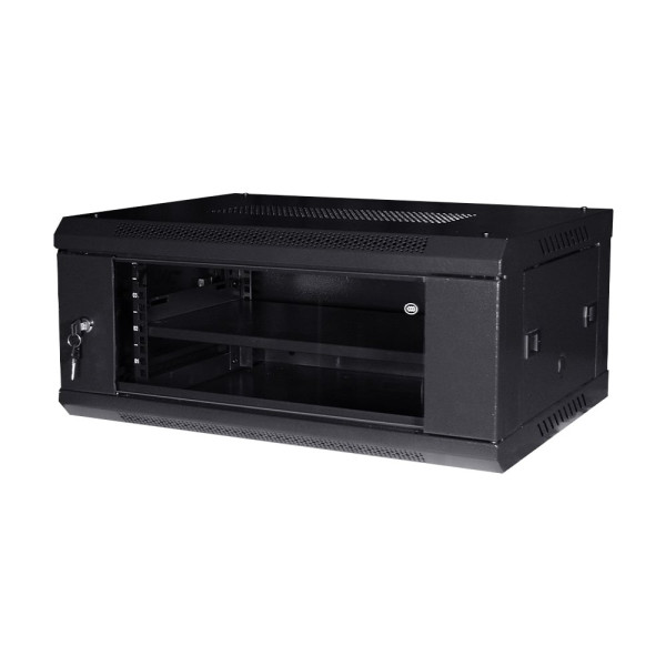 Комутаційна шафа 4U NVC-600x450 для організації мережевих кабелів із загартованими дверцями чорного кольору IP20 Комутаційна шафа 4U NVC-600x450 для організації мережевих кабелів із загартованими дверцями чорного кольору IP20