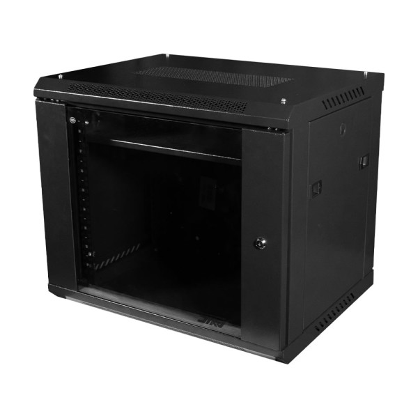 Комутаційна шафа 9U Black NVC-9U/600x450x500 для організації кабельної системи з максимальним навантаженням 100 кг, дверцята з загартованого скла, захист IP20 Комутаційна шафа 9U Black NVC-9U/600x450x500 для організації кабельної системи з максимальним навантаженням 100 кг, дверцята з загартованого скла, захист IP20