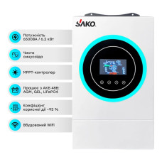 Гібридний інвертор 6.5kVA/6.2kW для сонячних систем Sako SUNON V 48V+120A MPPT з LCD-дисплеєм та WiFi для моніторингу