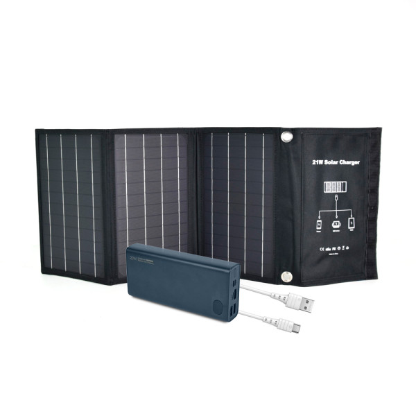 Комплект: сонячна панель 21W Solar Charge, повербанк FEB-292B 20 Вт + 22.5 Вт, кабель REMAX RC-068W Комплект: сонячна панель 21W Solar Charge, повербанк FEB-292B 20 Вт + 22.5 Вт, кабель REMAX RC-068W