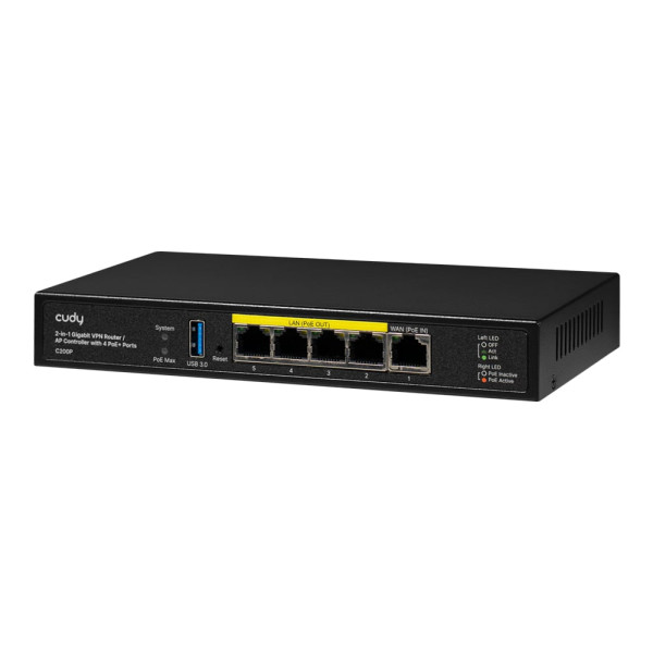 Контролер точок доступу AP та гігабітний VPN-маршрутизатор C200P з 4 портами PoE+ для бездротових мереж, управління до 200 AP, підтримка VPN і Multi-SSID Контролер точок доступу AP та гігабітний VPN-маршрутизатор C200P з 4 портами PoE+ для бездротових мереж, управління до 200 AP, підтримка VPN і Multi-SSID