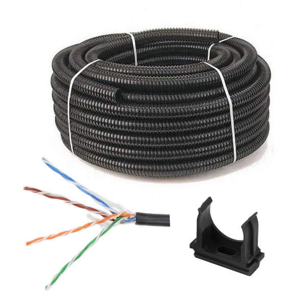 Комплект: UTP 4*2*0.5-CU PE кат.5е (UTP мідь зовнішній) бухта 305м + Гофротруба 220 TM Professional D 32 мм (25 м) чорний + Кліпса для гофри 32 мм (50 шт/уп) чорна Комплект: UTP 4*2*0.5-CU PE кат.5е (UTP мідь зовнішній) бухта 305м + Гофротруба 220 TM Professional D 32 мм (25 м) чорний + Кліпса для гофри 32 мм (50 шт/уп) чорна